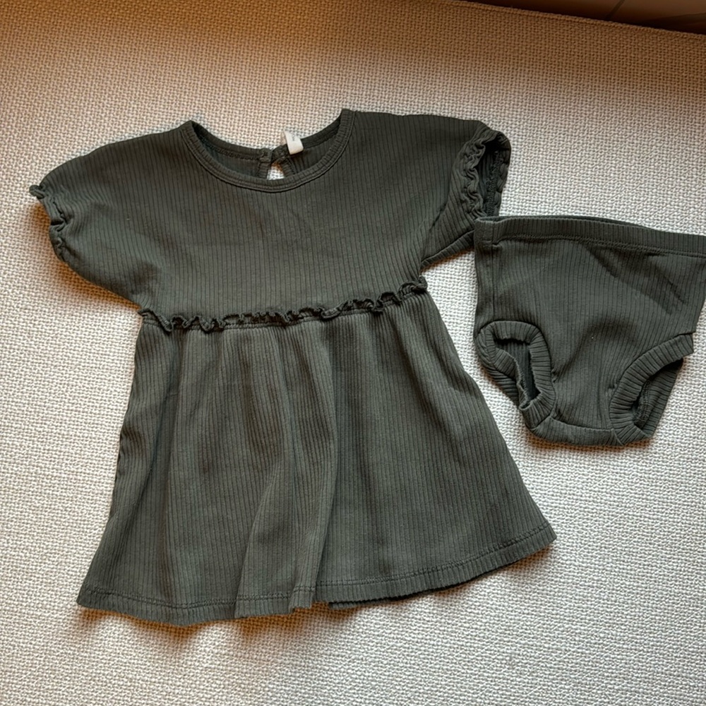 Quincy Mae green dress with matching bloomers